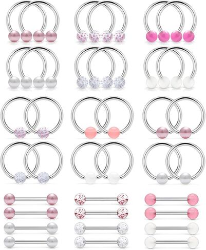 Cisyozi 14G 16G حلقات الحلمة اللؤلؤ حلقات اللسان ثقب الحديد 316L الفولاذ المقاوم للصدأ الوردي حلقات اللسان الحلمة بار ثقب الجسم مجوهرات للنساء الرجال الفضة 18 زوجًا in Kuwait