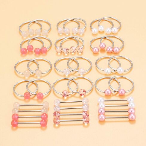 Cisyozi 14G 16G حلقات الحلمة اللؤلؤ حلقات اللسان ثقب الحديد 316L الفولاذ المقاوم للصدأ الوردي حلقات اللسان الحلمة بار ثقب الجسم مجوهرات للنساء الرجال الفضة 18 زوجًا in Kuwait