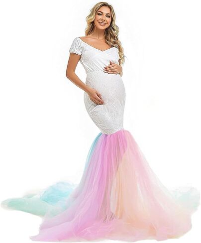 HIHCBF Rainbow Tulle Maternity Dress for Photoshoot Baby Shower Wedding Off-Shoulder Sweetheart Lace Mermaid Gown w/Train in Saudi Arabia