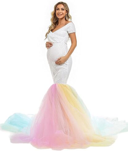HIHCBF Rainbow Tulle Maternity Dress for Photoshoot Baby Shower Wedding Off-Shoulder Sweetheart Lace Mermaid Gown w/Train in Saudi Arabia