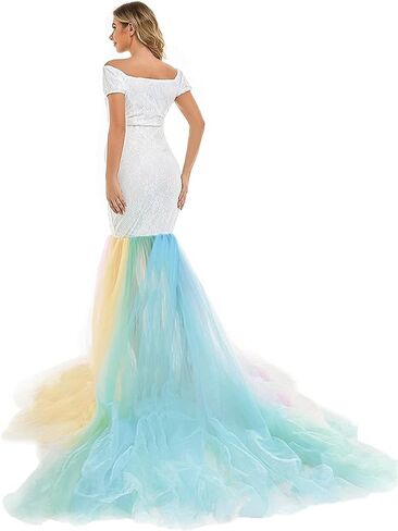 HIHCBF Rainbow Tulle Maternity Dress for Photoshoot Baby Shower Wedding Off-Shoulder Sweetheart Lace Mermaid Gown w/Train in Saudi Arabia