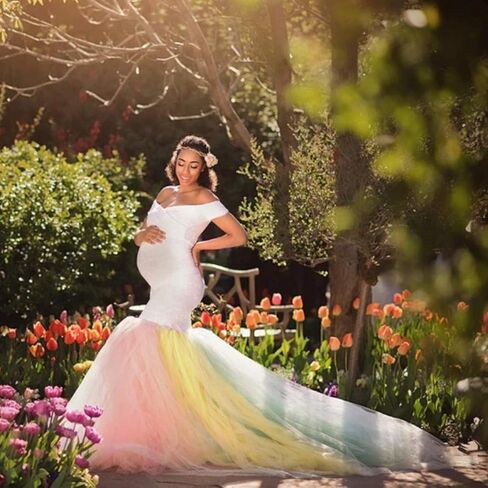 HIHCBF Rainbow Tulle Maternity Dress for Photoshoot Baby Shower Wedding Off-Shoulder Sweetheart Lace Mermaid Gown w/Train in Saudi Arabia