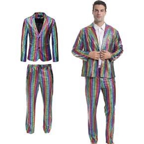 Men's Disco Costume Sets Shiny Sequins Suit and Pants Metallic Jacket Halloween Outfits