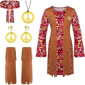 70s 60s Women Hippie Costume Set Dress Disco Peace Sign Necklace Earrings+Headband+Ankle Socks