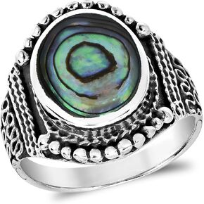 AeraVida Rainbow Abalone Shell Vintage Oval Balinese Style .925 Sterling Silver Ring. | Cute Wedding Rings For Women | Casual Comfort Fit Silver Rings for Women | Sterling Silver Rings Sizes (7-11)
