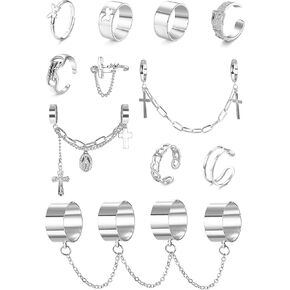 FUNRUN JEWELRY 16 قطعة مجموعة خواتم الاصبع للنساء والرجال خواتم مفتوحة على شكل قوطي عتيق مع سلاسل خواتم مفصل الشرير قابلة للتعديل in Kuwait