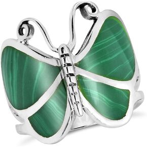 AeraVida Captivating Butterfly Motif Green Malachite Statement .925 Sterling Silver Ring