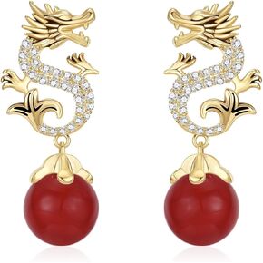 السنة الصينية الجديدة التنين الأقراط للنساء، بيان الذهب مطلي حجر الراين سباركلي التنين تتدلى أقراط اللؤلؤ الأحمر الأبيض للفتيات في سن المراهقة هدايا المجوهرات in Kuwait