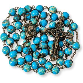 Nazareth Store Blue Jasper Beads Rosary Necklace Vintage Design Stone Beaded Rosary Holy Soil Medal & Cross Crucifix Religious Rosaries Terra Santa Collection