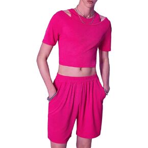 WDIRARA Men's Two Piece Outfits Cut Out Short Sleeve Tee and Pocket Shorts