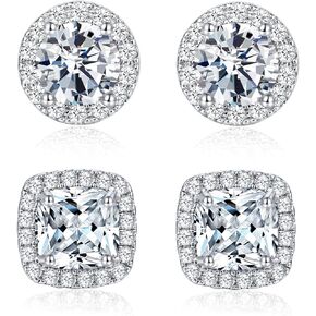 18K White Gold Plated Stud Earrings Round Square Cut Cubic Zirconia Halo Earrings for Women Men Sensitive Ears (2 Pairs)