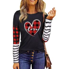 Valentine Plaid Love Heart Shirt for Women Valentine's Day Long Sleeve Striped Splicing Blouse Tops Tees