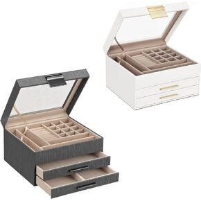 SONGMICS Jewelry Boxes with Glass Lid Bundle, 3-Layer Jewelry Organisers, Gifts for Loved Ones, Each with 2 Drawers, White and Grey UJBC239WT and UJBC239GY in Saudi Arabia