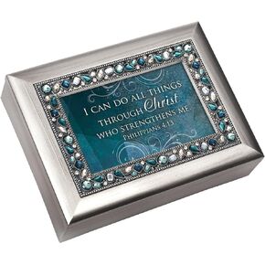 Cottage Garden Can Do All Things Through Christ Brushed Silvertone Jewelry Music Box Plays Amazing Grace