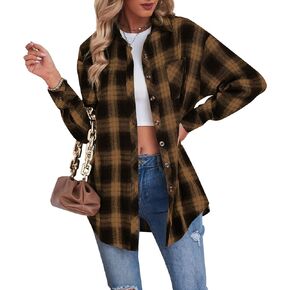 Womens Plaid Tops Fall Dressy Casual Shirts Long Sleeve Button Down Collar Loose Blouses