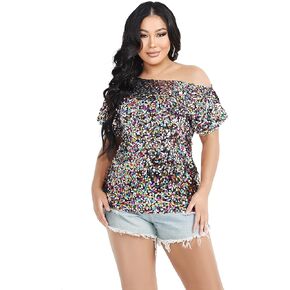 Womens Sequin Short Sleeve One Shoulder Plus Size Top Sparkly Shirts Sexy Blouse for Cocktail Party Dressy