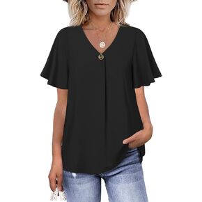 Bebonnie Womens Casual Summer Ruffle Sleeve V Neck Loose Fit Chiffon Blouse Tops