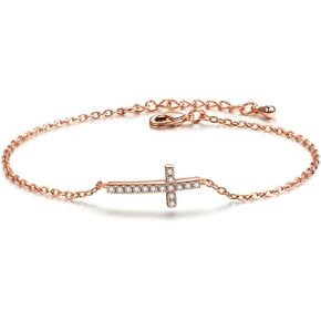 Womens Cubic Zirconia Sideways Cross Bracelet Silver Rose Gold Chain Link Bracelet Girls