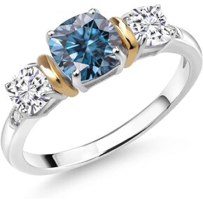 Gem Stone King 925 Sterling Silver and 10K Yellow Gold Customized and Personalized 6MM and 4MM Cushion Cut Gemstone Birthstone and Diamond 3-Stone Ring For Women