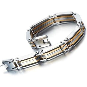 COOLSTEELANDBEYOND Exquisite Stainless Steel Link Bracelet for Man 8.6 Inches Silver Gold Two Tone Masculine Style