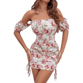 SweatyRocks Women's Floral Off Shoulder Short Sleeve Bodycon Mini Dress Drawstring Ruched Dresses
