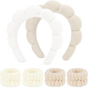 WHAVEL 6PCS Terry Cloth Spa Headband and Wristband Set, Makeup Headband Puffy Sponge Headband Face Wash Headband Hair Band Wrist Towels for Washing Face Women Girls (Beige, Light Coffee) in Kuwait