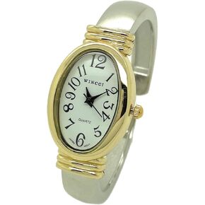 Wincci Ladies Oval Case Metal Bangle Cuff Fashion Analog Quartz Watch White Dial with Easy to Read Black Numbers Black Hour Minute Second Hands
