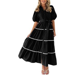 PRETTYGARDEN Women's Summer Button Down Shirt Dress Short Puffy Sleeve Tiered Ruffle Flowy Long Maxi Dresses