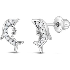 925 Sterling Silver Nautical Clear Cubic Zirconia Dolphin Screw Back Earrings for Little Girls, Pre-teens and Teens 9mm - Glittering Marine Life Jewelry for Young Girls