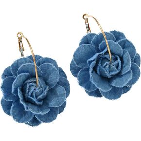 Denim Camellia Flower Dangle Earrings for Women Girls Cowboy Statement Big Exaggerated Fabric Hoop Huggie Blue Floral Studs Gold Plated Long Drop Dangling Earring Fashion Jewelry Gifts