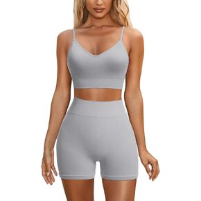 IWEMEK Seamless Workout Sets for Women Criss-Cross Back Strappy Sports Bras High Waist Biker Shorts 2 Piece Gym Yoga Outfits