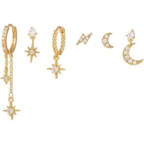 MengPa Gold Stud Earrings for Women Dainty Cartilage Earring Set for Multiple Piercing Small Star Moon Hoop Earrings