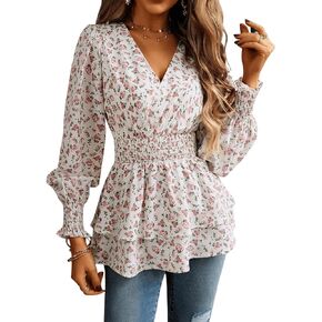 SweatyRocks Women's Long Lantern Sleeve V Neck Wrap Top Floral Print Ruffle Hem Peplum Blouse Shirt
