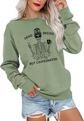 YourTops Women Dead Inside But Caffeinated سويت شيرت طويل الأكمام على شكل جمجمة in Kuwait