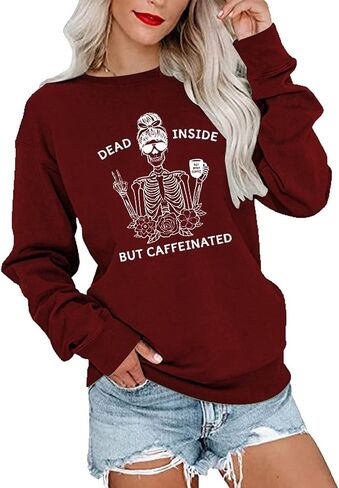 YourTops Women Dead Inside But Caffeinated سويت شيرت طويل الأكمام على شكل جمجمة in Kuwait