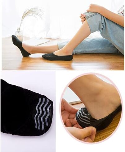 جوارب نسائية غير ظاهرة مضادة للانزلاق، جوارب كاجوال قصيرة من القطن، جوارب مزيفة كاجوال، عبوة من 6 قطع (اسود وابيض رمادي)، اللون، مقاس واحد, اللون, One Size in Kuwait