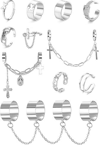 FUNRUN JEWELRY 16 قطعة مجموعة خواتم الاصبع للنساء والرجال خواتم مفتوحة على شكل قوطي عتيق مع سلاسل خواتم مفصل الشرير قابلة للتعديل in Kuwait