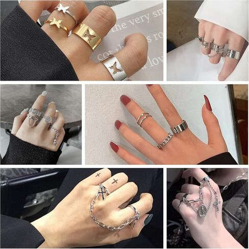 FUNRUN JEWELRY 16 قطعة مجموعة خواتم الاصبع للنساء والرجال خواتم مفتوحة على شكل قوطي عتيق مع سلاسل خواتم مفصل الشرير قابلة للتعديل in Kuwait