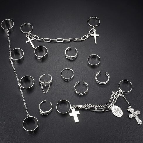 FUNRUN JEWELRY 16 قطعة مجموعة خواتم الاصبع للنساء والرجال خواتم مفتوحة على شكل قوطي عتيق مع سلاسل خواتم مفصل الشرير قابلة للتعديل in Kuwait