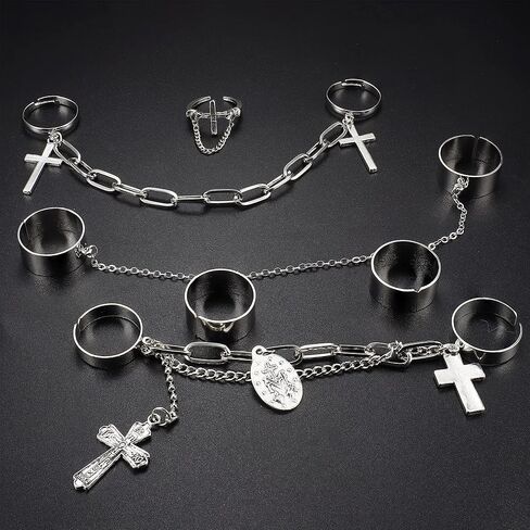 FUNRUN JEWELRY 16 قطعة مجموعة خواتم الاصبع للنساء والرجال خواتم مفتوحة على شكل قوطي عتيق مع سلاسل خواتم مفصل الشرير قابلة للتعديل in Kuwait