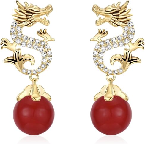 السنة الصينية الجديدة التنين الأقراط للنساء، بيان الذهب مطلي حجر الراين سباركلي التنين تتدلى أقراط اللؤلؤ الأحمر الأبيض للفتيات في سن المراهقة هدايا المجوهرات in Kuwait