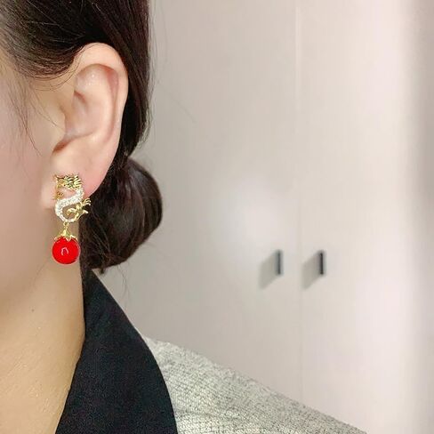 السنة الصينية الجديدة التنين الأقراط للنساء، بيان الذهب مطلي حجر الراين سباركلي التنين تتدلى أقراط اللؤلؤ الأحمر الأبيض للفتيات في سن المراهقة هدايا المجوهرات in Kuwait