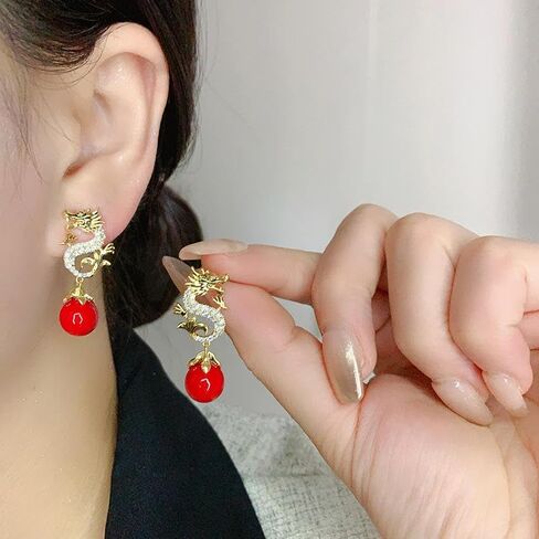 السنة الصينية الجديدة التنين الأقراط للنساء، بيان الذهب مطلي حجر الراين سباركلي التنين تتدلى أقراط اللؤلؤ الأحمر الأبيض للفتيات في سن المراهقة هدايا المجوهرات in Kuwait