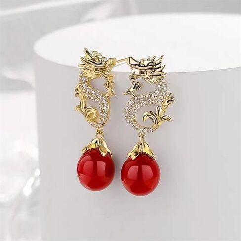 السنة الصينية الجديدة التنين الأقراط للنساء، بيان الذهب مطلي حجر الراين سباركلي التنين تتدلى أقراط اللؤلؤ الأحمر الأبيض للفتيات في سن المراهقة هدايا المجوهرات in Kuwait