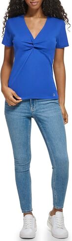 Calvin Klein Women's Plus Size 1x1 Rib Cotton Twist Detail Short Sleeve V Neck T Shirt in Saudi Arabia