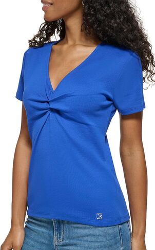 Calvin Klein Women's Plus Size 1x1 Rib Cotton Twist Detail Short Sleeve V Neck T Shirt in Saudi Arabia