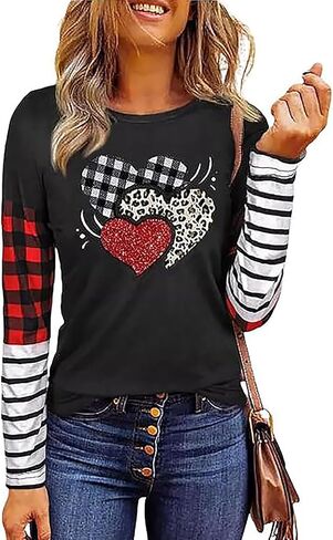Valentine Plaid Love Heart Shirt for Women Valentine's Day Long Sleeve Striped Splicing Blouse Tops Tees in Kuwait