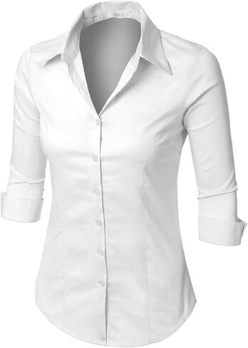 LE3NO قمصان عمل كاجوال برقبة على شكل حرف V وأكمام 3/4 للسيدات بتصميم رفيع وممدد in Kuwait