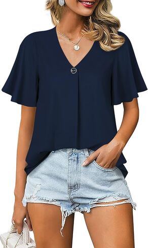 Bebonnie Womens Casual Summer Ruffle Sleeve V Neck Loose Fit Chiffon Blouse Tops in Kuwait