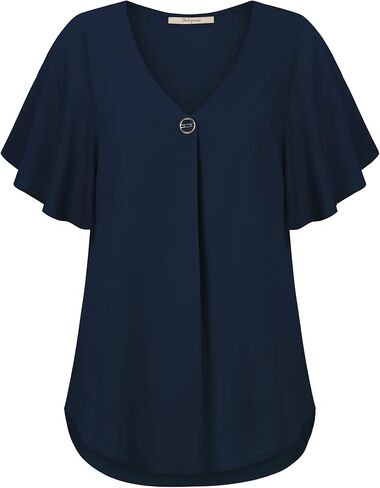 Bebonnie Womens Casual Summer Ruffle Sleeve V Neck Loose Fit Chiffon Blouse Tops in Kuwait